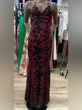 Black & Red Sequin Halter Evening Gown